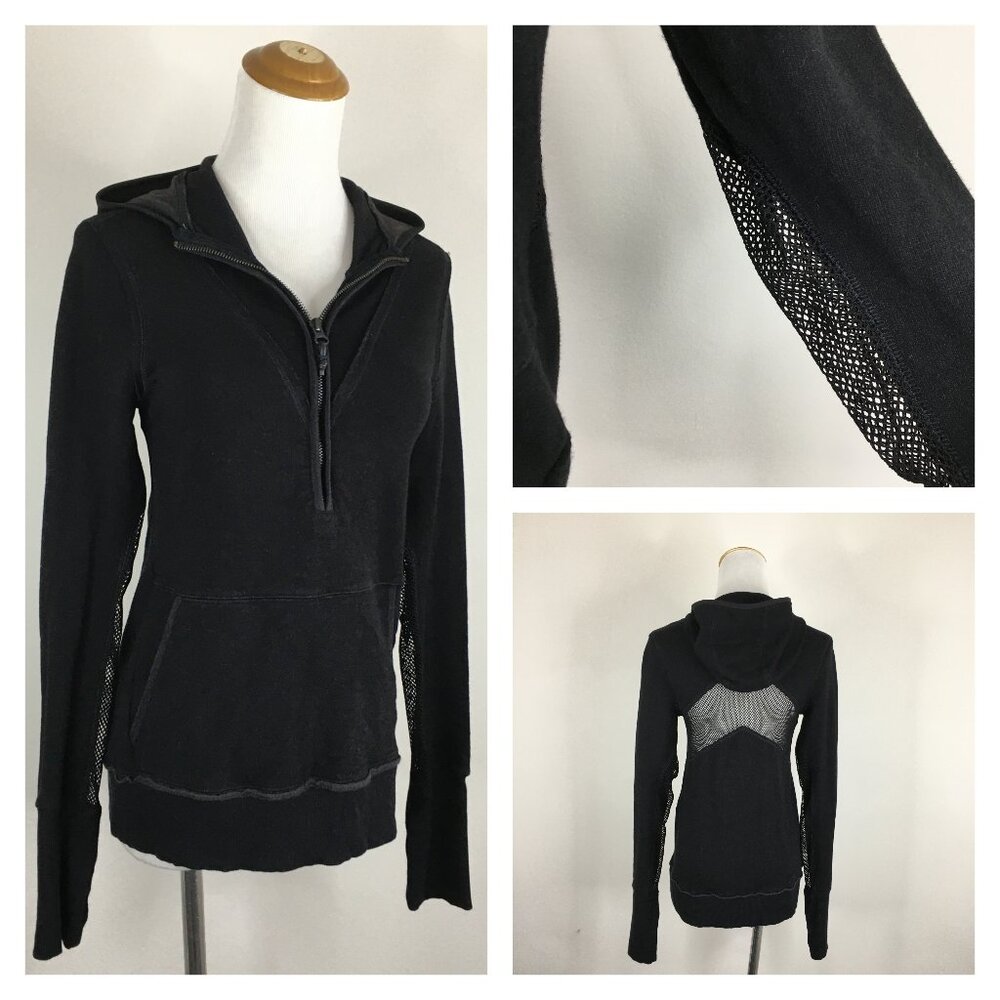 FREE PEOPLE MOVEMENT Black Sheer Mesh Insert Hooded 1/4 Zip Pullover Jacket